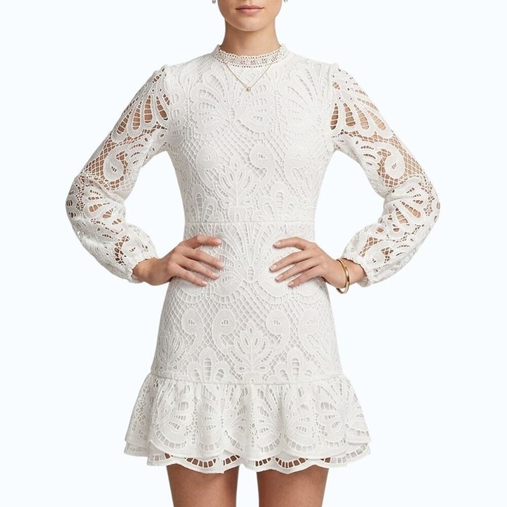 NSR Lace Long Sleeve Dress White Mock Neck Tiered Women Small NWOT
